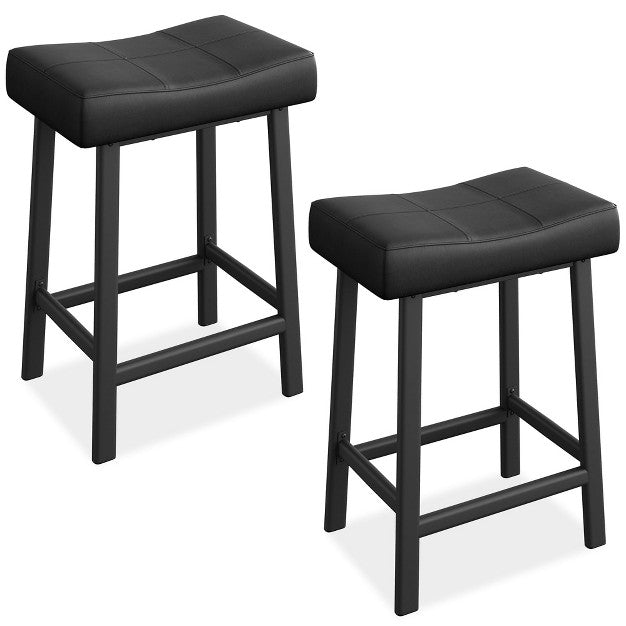 ODK 24 Inch Backless Saddle Barstools Set of 2, Counter Height Upholstered Padded Barstools with Curved Surface, Metal Leg and Footrest, for Home Bar