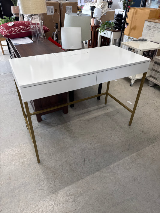 Loring Wood Writing Desk with Drawers and Charging Station White/Gold - Threshold: Home Office, USB Port