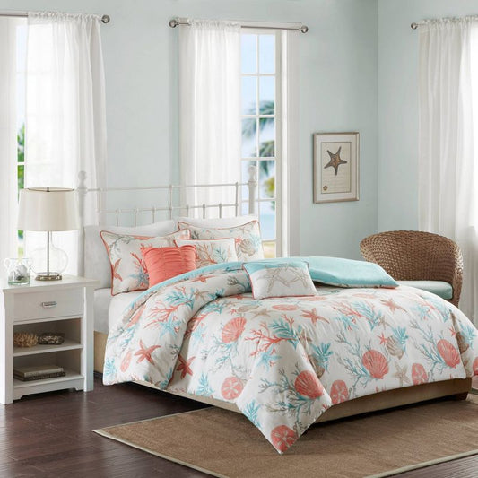 Ocean View Seashell Duvet Cover Set (full/queen) Coral - 6pc: Madison Park Cotton Sateen Bedding Set With Embroidered Details : Target