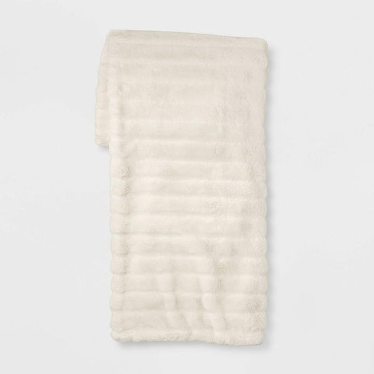 Textured Faux Fur Reversible Throw Blanket Cream - Threshold: Soft, Cozy for Couch & Bed, Modern Style