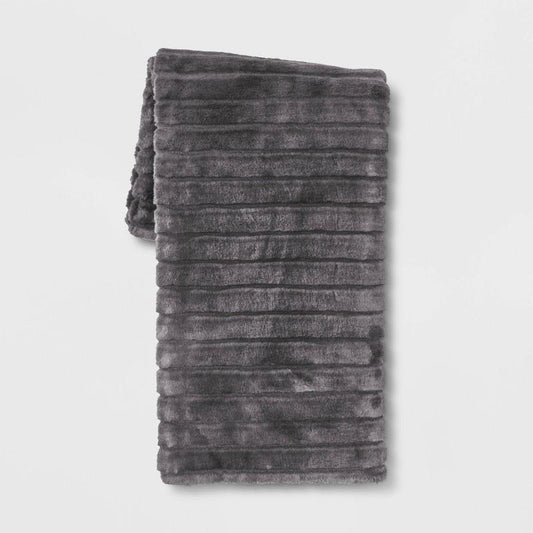 Textured Faux Fur Reversible Throw Blanket Gray - Threshold