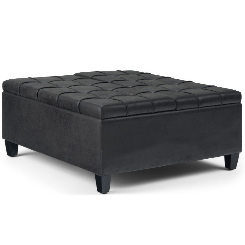 36" Elliot Coffee Table Storage Ottoman Faux Leather Distressed Black - Wyndenhall: Mid-century Modern, Lift Top, Wood Legs : Target