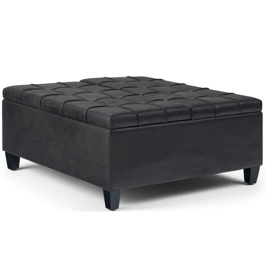 36" Elliot Coffee Table Storage Ottoman Faux Leather Distressed Black - Wyndenhall: Mid-century Modern, Lift Top, Wood Legs : Target
