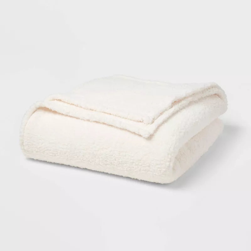 Full/Queen Faux Shearling Bed Blanket White - Room Essentials: Midweight, Plush, Machine Washable