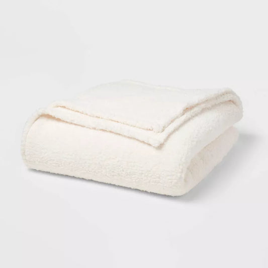 Full/Queen Faux Shearling Bed Blanket White - Room Essentials: Midweight, Plush, Machine Washable