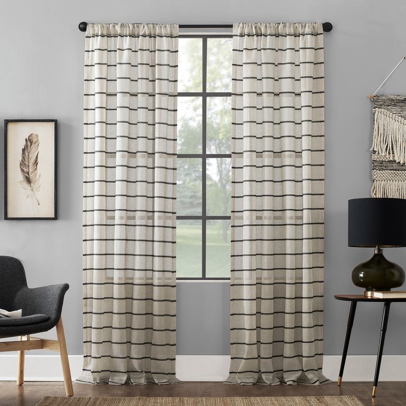 84"x52" Twill Stripe Antidust Curtain Panel Black/linen - Clean Window: Modern Light Filtering Striped Linen Panel : Target