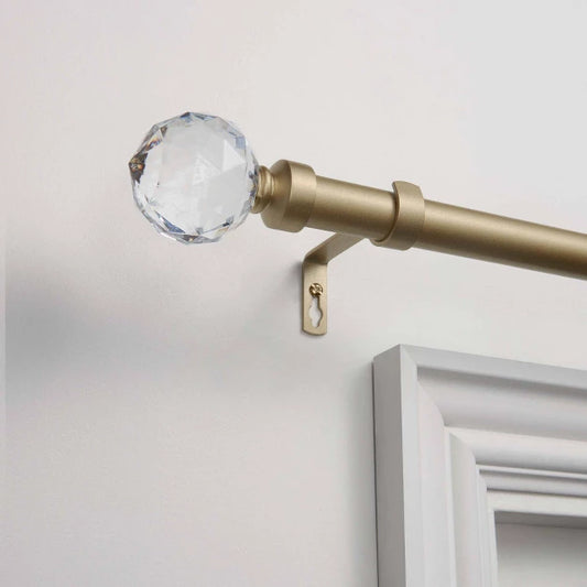 Exclusive Home 36"-72" Crystal Ball Curtain Rod - Gold: Iron, Matte Finish, Single Rod, Faceted Finial, 25 lb Capacity