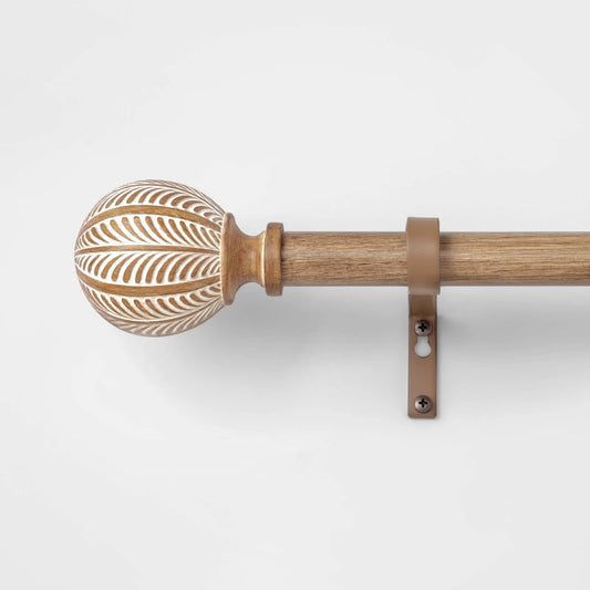 36"-66" Carved Light Woodtone Ball Curtain Rod Natural - Threshold: Steel & Polyresin, Single Rod, Painted Finish