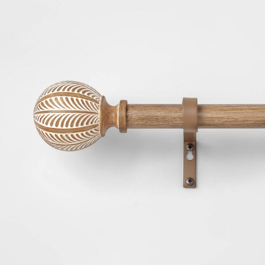 66"-120" Carved Light Woodtone Ball Curtain Rod Natural - Threshold: Steel & Polyresin, Single Rod, 0.875" Diameter