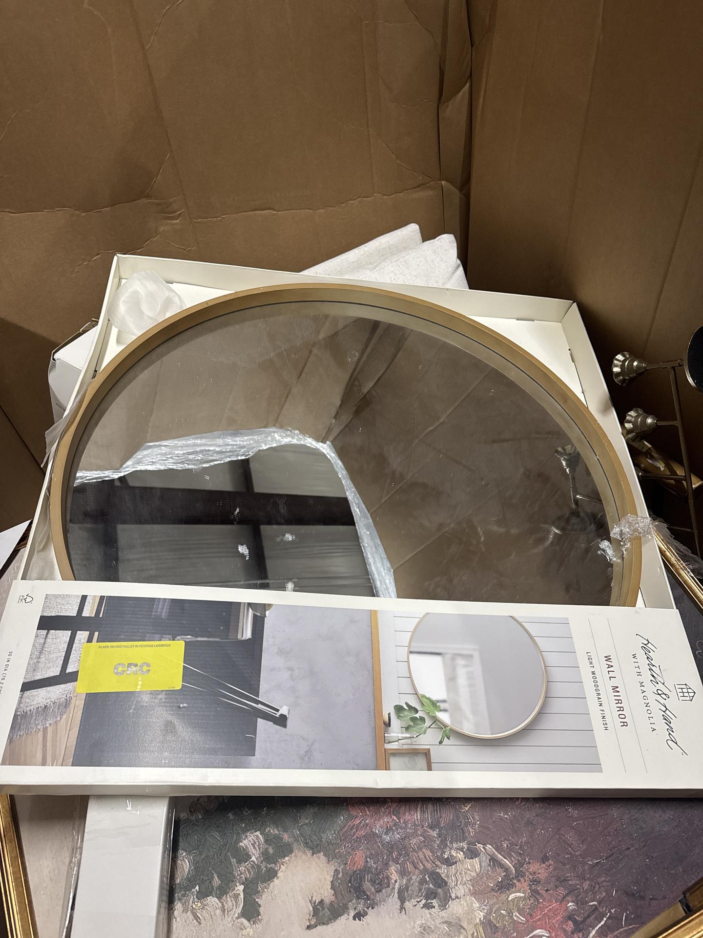 30" Round Wood Framed Wall Mirror Natural - Hearth & Hand with Magnolia: Bathroom, Circular, No Assembly Required