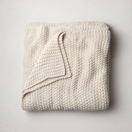 Full/Queen Chunky Knit Bed Blanket Natural - Casaluna: Acrylic Sweater Knit, Year Round Comfort, Machine Washable