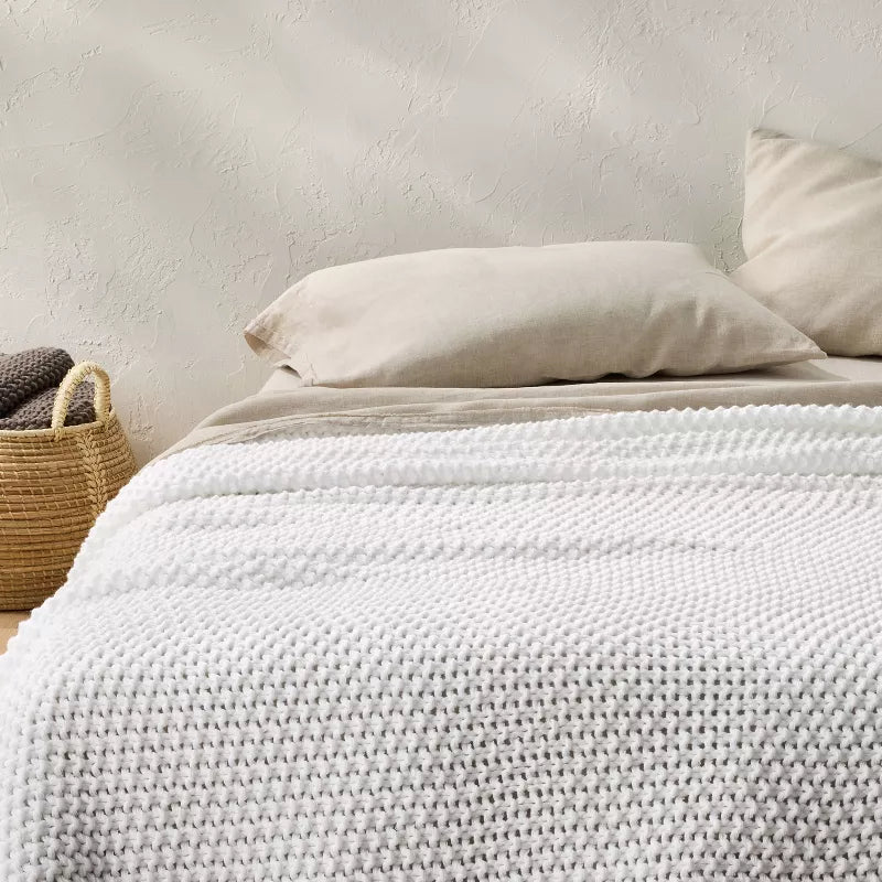 Full/Queen Chunky Knit Bed Blanket White - Casaluna: Acrylic Sweater Knit, Machine Washable, No Style Assigned