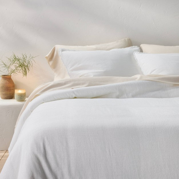 Full/Queen Heavyweight Linen Blend Comforter & Sham Set White - Casaluna: Rayon & Cotton, Hidden Quilting, Zip Closure