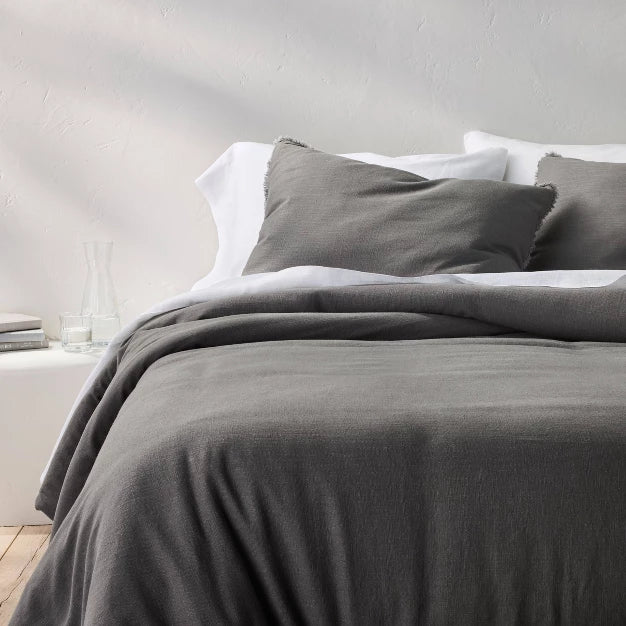 Full/Queen Heavyweight Linen Blend Comforter & Sham Set Dark Gray - Casaluna: Rayon, Cotton, Hidden Quilting