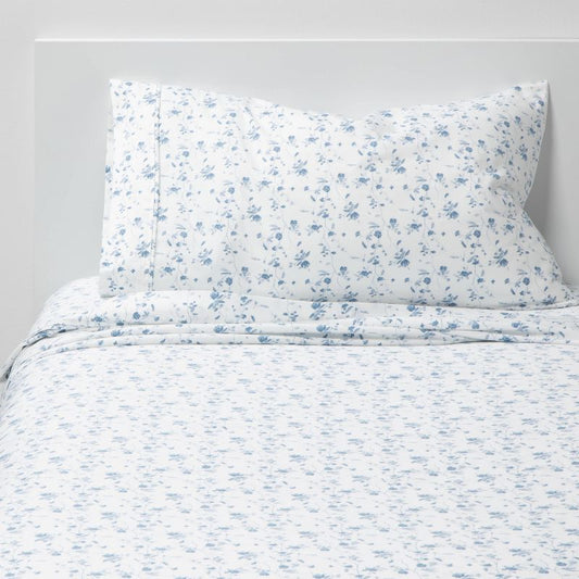 Twin/twin Xl Printed Performance 400 Thread Count Sheet Set White/blue Floral - Threshold™: Cotton Satin, 3-piece Set : Target