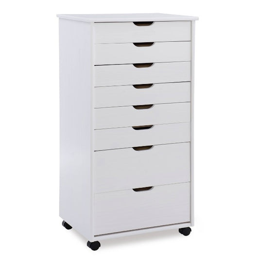 Cary Transitional 8 Drawer Solid Wood Contoured Handle Cut Out Rolling Storage Cart White - Linon: Pine Frame