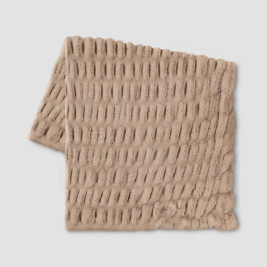 50"x60" Ruched Faux Rabbit Fur Throw Blanket Neutral - Threshold: Plush, Machine Washable, Reversible