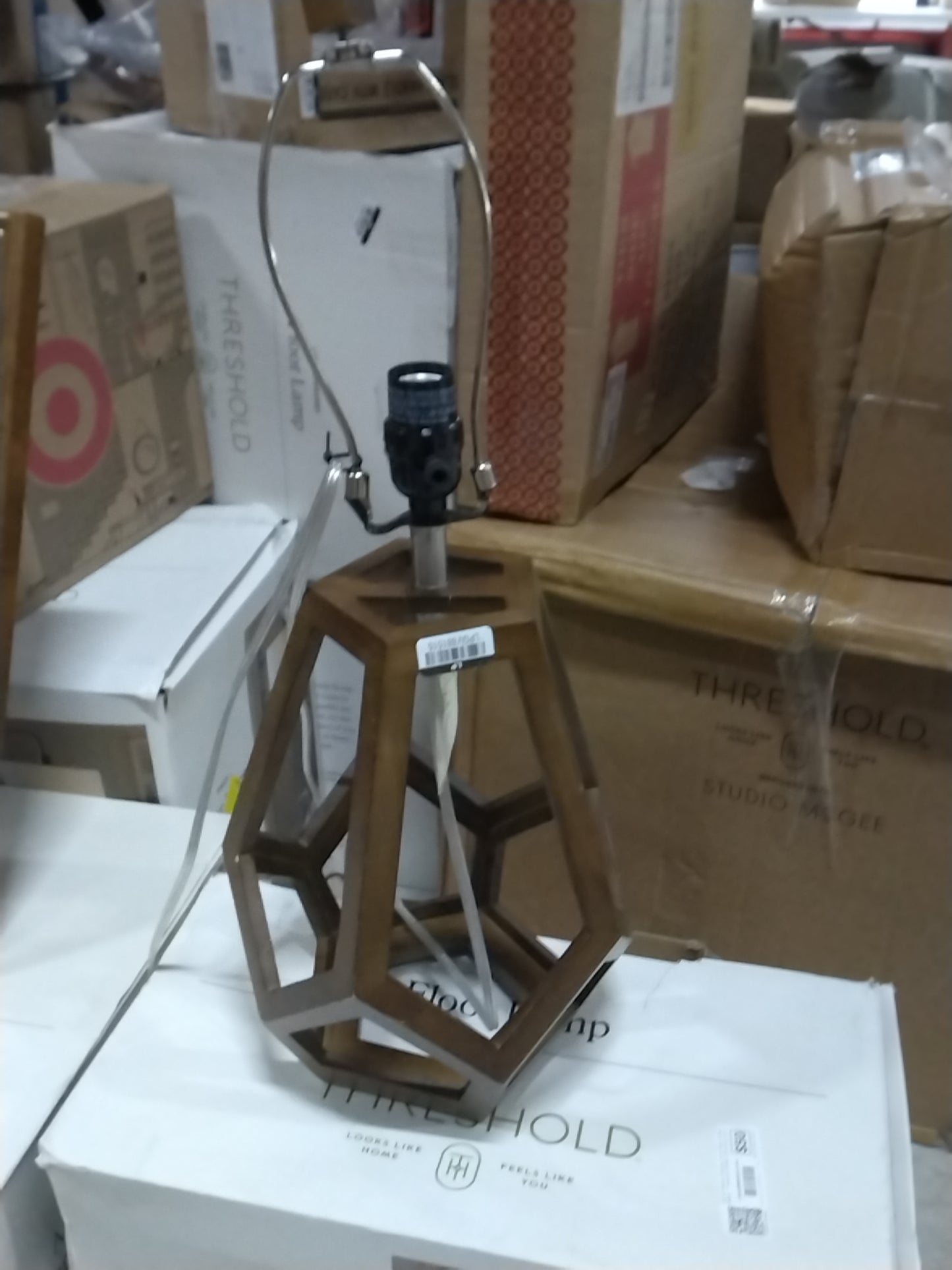 Large Wood Geo Assembled Table Lamp Brown - Threshold: No Assembly, UL Listed, Cotton Shade