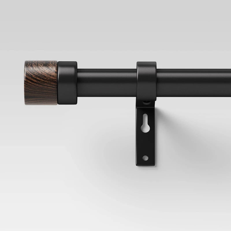 66"-120" Walnut Wood Cap Curtain Rod Black - Threshold: Adjustable Metal Single Rod, 30lb Capacity