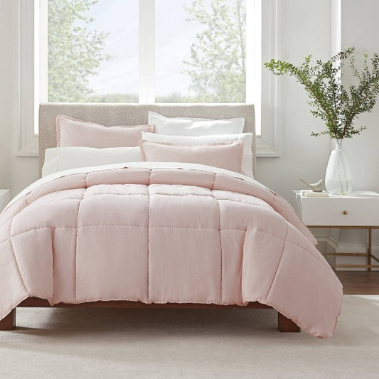 Full/Queen 3pc Simply Clean Comforter Set Blush - Serta: Hypoallergenic, Stain-Resistant, Polyester Bedding Set