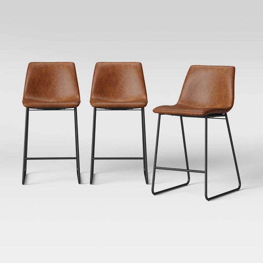 3pk Bowden Faux Leather Counter Height Barstool Caramel - Threshold™: Mid-century Modern, Padded Back, Footrest : Target