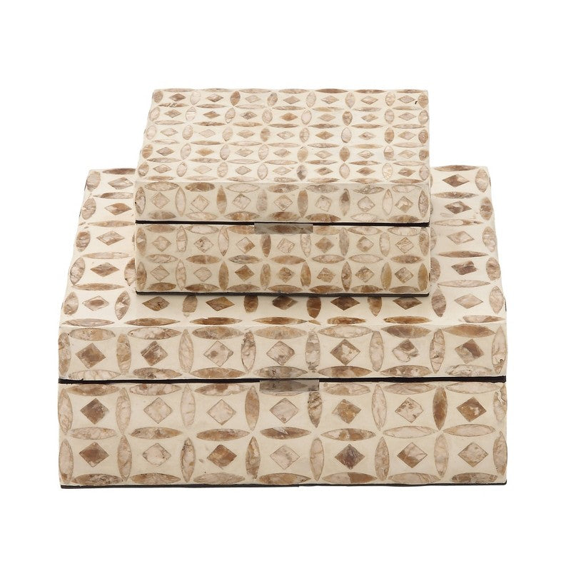 Set of 2 Contemporary Shell Inlaid Wooden Boxes with Lid Beige - Olivia & May: Coastal Style Storage