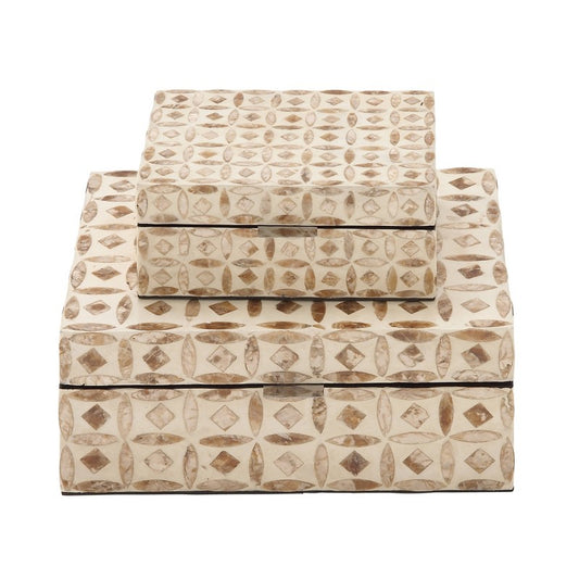 Set of 2 Contemporary Shell Inlaid Wooden Boxes with Lid Beige - Olivia & May: Coastal Style Storage