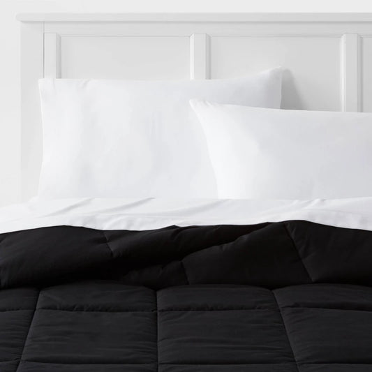 Full/Queen Down Alternative Washed Microfiber Reversible Comforter Black - Room Essentials: OEKO-TEX Certified, 190 Thread Count
