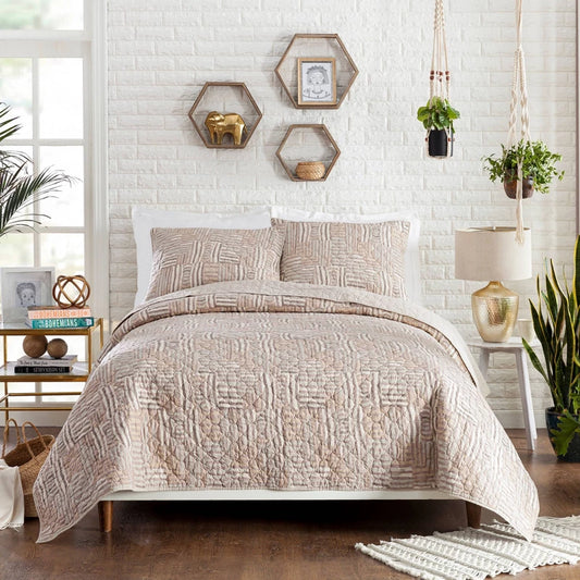 Jungalow 3pc King Abrazo Quilt Set Taupe: Cotton Stripe Bedding, Machine Washable