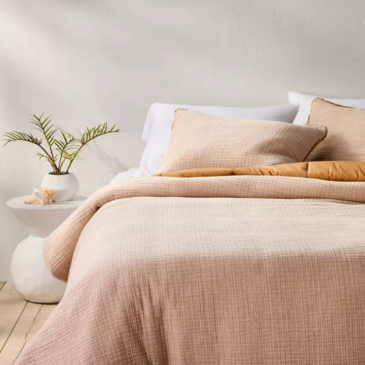 Full/Queen Textured Chambray Comforter & Sham Set Warm Brown - Casaluna: OEKO-TEX Certified, 250 Thread Count