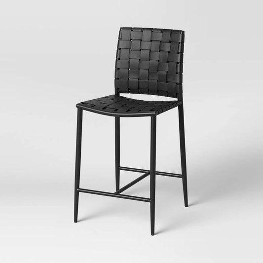 Wellfleet Woven Faux Leather Metal Base Counter Height Barstool Black - Threshold