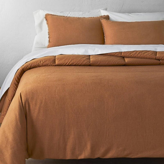 Full/Queen Heavyweight Linen Blend Comforter & Sham Set Warm Brown - Casaluna: Rayon, Cotton, OEKO-TEX Certified