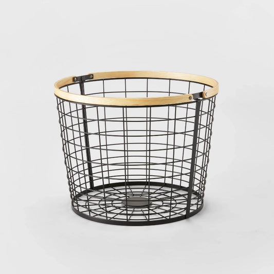 Round Black Wire with Natural Wood Handles Floor Basket - Brightroom