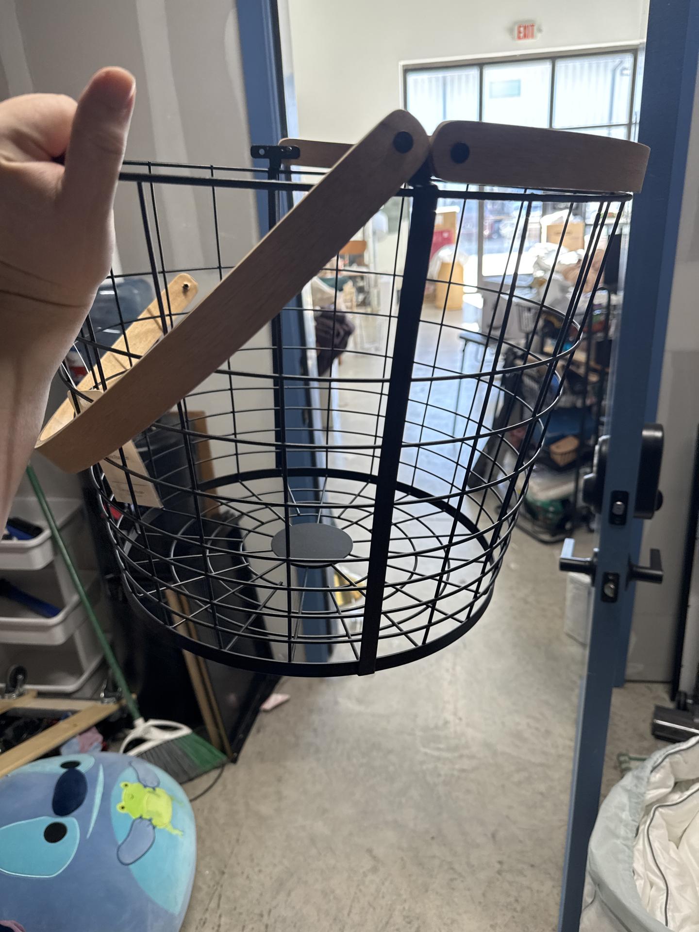 Round Black Wire with Natural Wood Handles Floor Basket - Brightroom