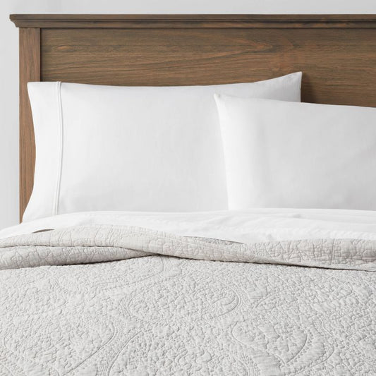 Twin/Twin Extra Long Garment Washed Paisley Stitch Quilt Light Gray - Threshold: OEKO-TEX Certified, Microfiber Coverlet