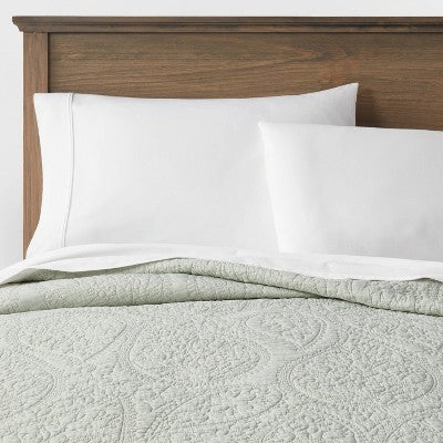 Full/Queen Garment Washed Paisley Stitch Quilt White - Threshold: OEKO-TEX Certified, Microfiber, Year-Round Use