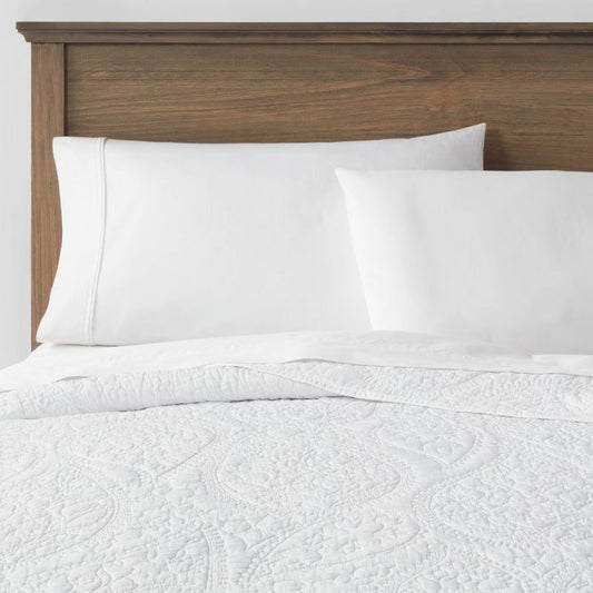 Twin/Twin Extra Long Garment Washed Paisley Stitch Quilt White - Threshold: OEKO-TEX Certified Microfiber Coverlet