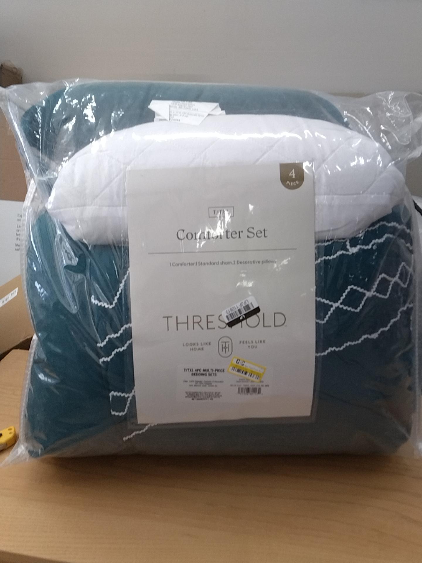 4pc Twin/Twin Extra Long Diamond Stitch Comforter Bedding Set Dark Teal Blue - Threshold: Includes Decorative Pillows, OEKO-TEX Certified