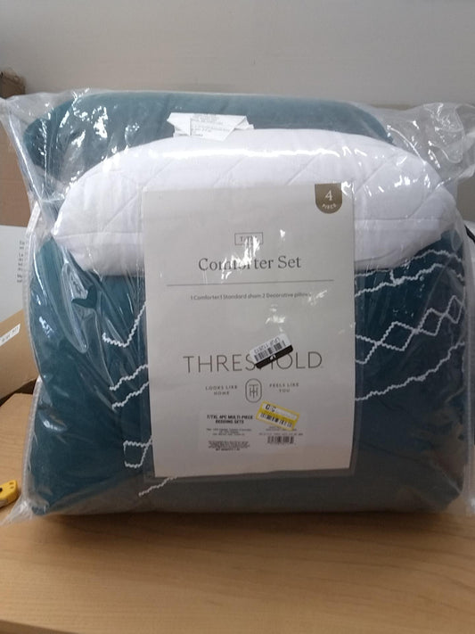 4pc Twin/Twin Extra Long Diamond Stitch Comforter Bedding Set Dark Teal Blue - Threshold: Includes Decorative Pillows, OEKO-TEX Certified