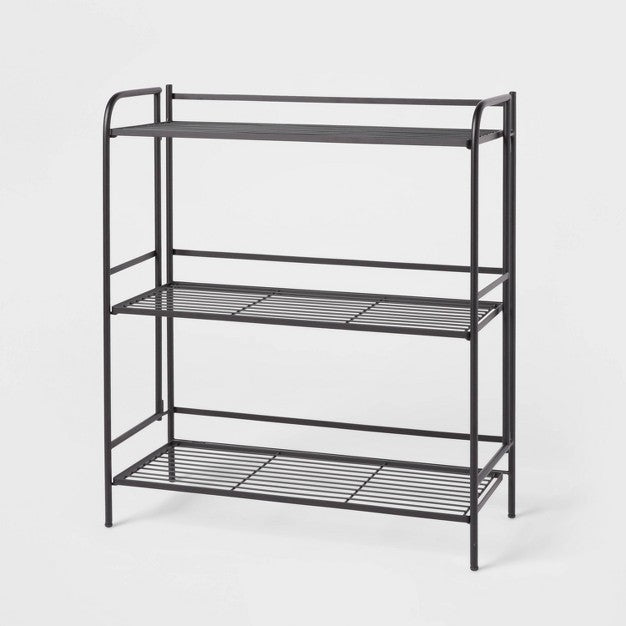 Folding 3 Wide Shelves Black - Brightroom: Steel Utility Storage, Powder-Coated, Foldable Shelving, 3-Tier Organizer