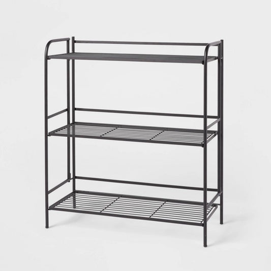 Folding 3 Wide Shelves Black - Brightroom: Steel Utility Storage, Powder-Coated, Foldable Shelving, 3-Tier Organizer