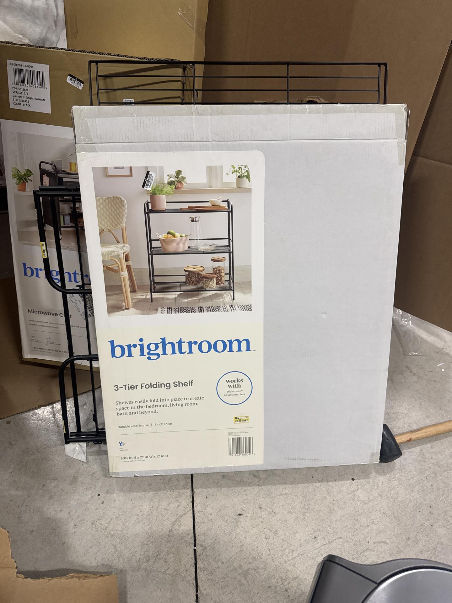 Folding 3 Wide Shelves Black - Brightroom: Steel Utility Storage, Powder-Coated, Foldable Shelving, 3-Tier Organizer