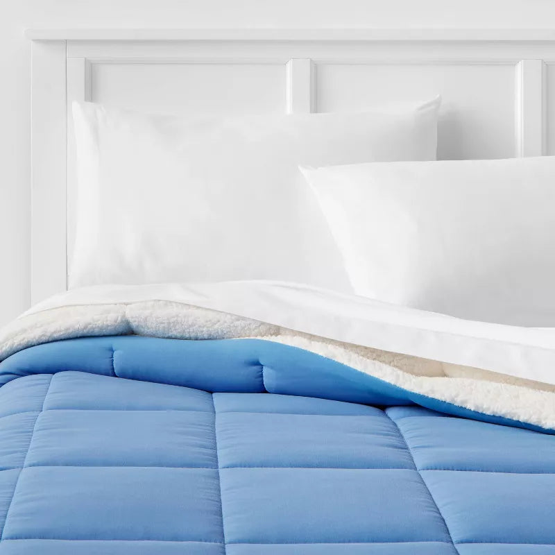 Twin/Twin Extra Long Faux Shearling Washed Microfiber Reversible Comforter Blue - Room Essentials