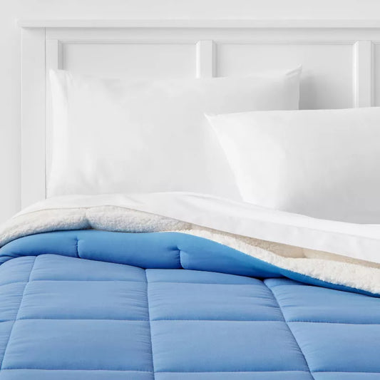 Twin/Twin Extra Long Faux Shearling Washed Microfiber Reversible Comforter Blue - Room Essentials