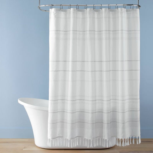 Woven Stripe Tassel Shower Curtain White/dark Gray - Hearth & Hand™ With Magnolia: Polyester, Dobby Weave, Buttonhole Top : Target