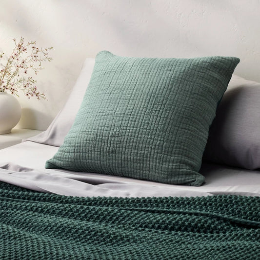 Euro Reversible Textured Cotton Chambray Coverlet Sham Dark Teal Blue - Casaluna: Jacquard Weave, Zipper Closure, OEKO-TEX Certified