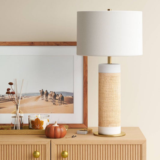 Ceramic Table Lamp with Natural Wrap White (Light Bulbs Not Included) - Threshold: Bedside, Rattan Style, Drum Shade