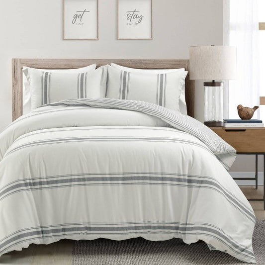 3pc Full/Queen Farmhouse Stripe Reversible Duvet Set Dark Gray - Lush Décor