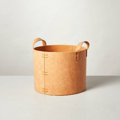 Medium Faux Leather Storage Bin Camel Brown - Hearth & Hand with Magnolia: Round, Portable, No Assembly Required