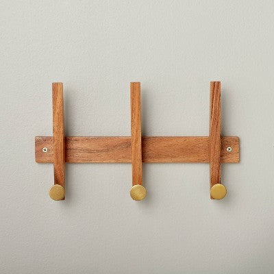 26" Wood & Brass Hook Rail - Hearth & Hand with Magnolia: Mango Wood, 6 Steel Hooks, Wall-Mounted Storage